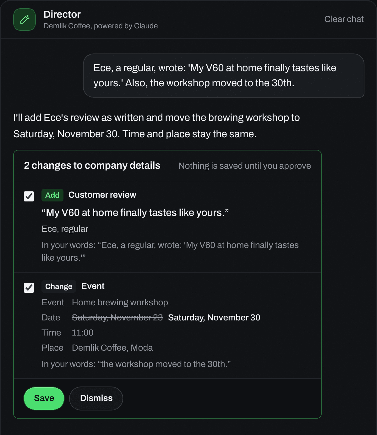Director chat: a change card for a customer review and an event date, waiting for approval