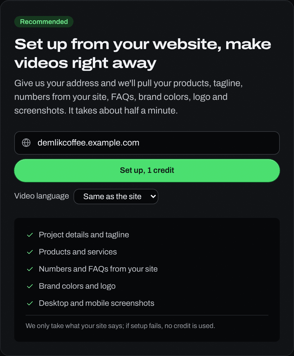 Website setup card: a site address entered and the details that will be pulled listed